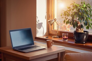 Home working place with laptop. Cozy home interior in the warm window light.