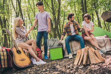 Photo of four cheerful people enjoy bonfire vacation camp free time drink beer wear casual outfit...