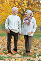 Happy senior woman and man in park