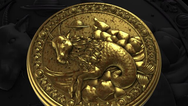 Capricornus Zodiac Signs Gold circle animation zoom-out - 3d animation model on a black background