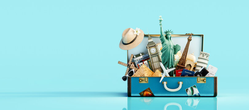 Blue suitcase full of landmarks and travel accessory on blue background 3D Rendering, 3D Illustration