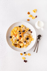 Healthy breakfast, diet culture. Fresh granola, muesli with raisins. Copy space