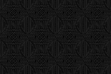Embossed abstract black background, vintage cover design. Geometric monochrome 3D pattern, handmade style. Ethnic creativity of the peoples of the East, Asia, India, Mexico, Aztec.