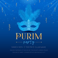 Happy Purim, Jewish holiday celebration party invitation. Masquerade Carnival mask with feathers, sparkles, golden serpentine, and 3d text on blue background Vector illustration.
