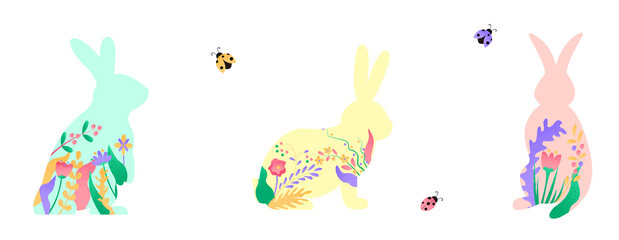 Easter bunny set vector illustration. Pink, blue, yellow rabbit with floral, flowers decoration inside hare shape isolated on white background. Cute print design character in flat cartoon style