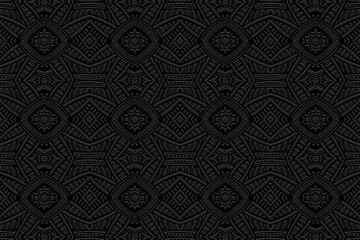 Embossed artistic black background, vintage cover design. Geometric monochrome 3D pattern, handmade style. Ethnic creativity of the peoples of the East, Asia, India, Mexico, Aztec.