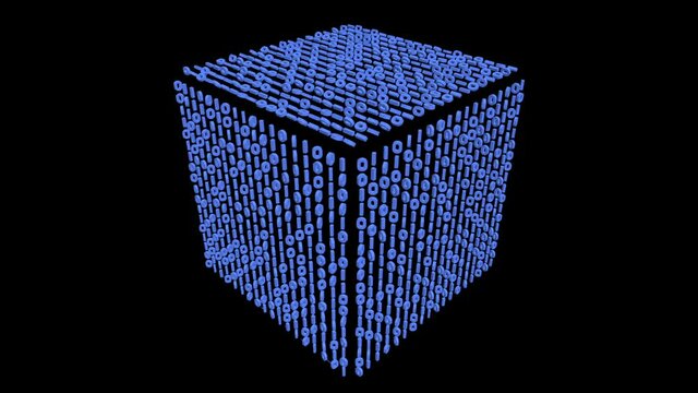 Magical Digital Cube 3D animation. VJ loops. Transparent background. Rotating numbers on the 3D cube.