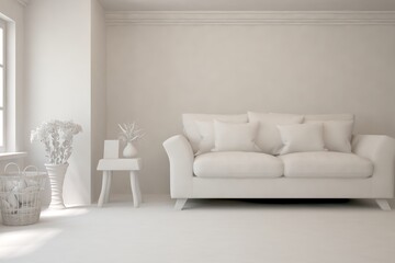 Mock up of minimalist living room in white color with sofa. Scandinavian interior design. 3D illustration