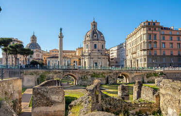 Fototapeta na wymiar The Church of the Most Holy Name of Mary at the Trajan Forum and Trajan's Column in Rome, Italy.