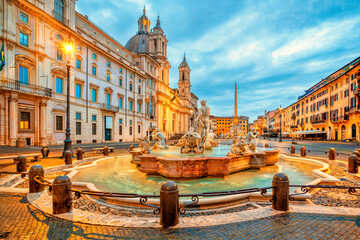 Piazza Navona square in Rome, Italy. Fontana del Moro (Moor Fountain). Rome architecture and landmark.