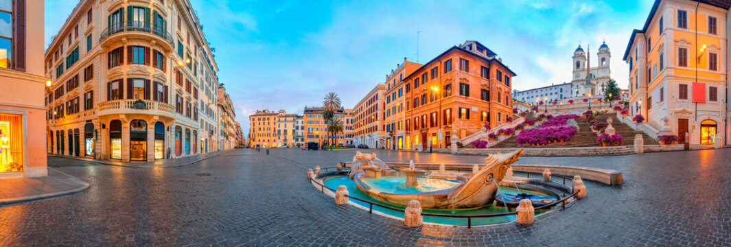 Panorama of Piazza de Spagna in Rome, italy. Spanish steps in the morning. Rome architecture and landmark.