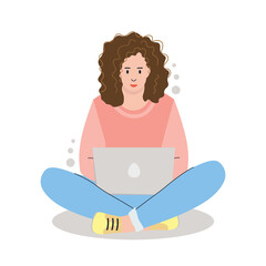 A girl sitting on sofa and working or studing at home. Using laptop. Flat style. Vector illustration. 