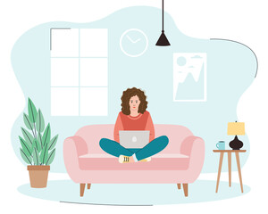 A girl sitting on sofa and working or studing at home. Using laptop. Flat style. Vector illustration. 
