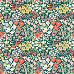 Ditsy floral  seamless pattern. Many various Flowers on green background. Full Summer Meadow Wildflower texture. Liberty style motif for fashion print, textile, fabric, cover, wrap, gift paper © Angela Sushina