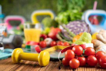 Fitness concept. Healthy nutrition: fruits and vegetables. Equipment for fitness exercises:...