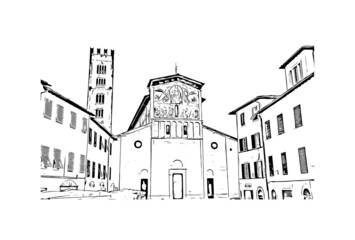 Building view with landmark of Lucca is the 
city in Italy. Hand drawn sketch illustration in vector.