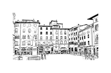 Obraz premium Building view with landmark of Lucca is the city in Italy. Hand drawn sketch illustration in vector.