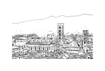 Building view with landmark of Lucca is the 
city in Italy. Hand drawn sketch illustration in vector.