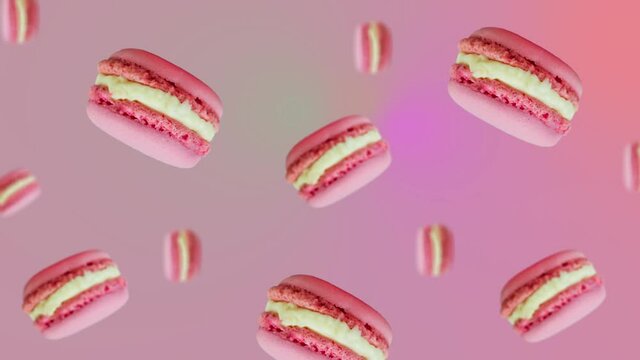 Pink Macaroons cookie flying and wiggle on trending pink colorful animation background.Pastry shop Concept. Love template for mother's and valentine's day. 4k Dessert footage
