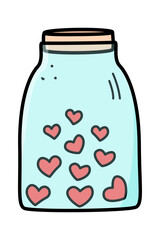 Glass jar with hearts, vector doodle illustration. a gift symbol of Valentine's day.