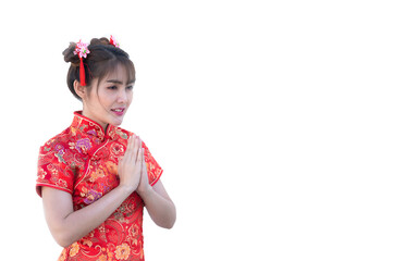 Portrait beautiful asian woman in Cheongsam dress on white background,Thailand people,Happy Chinese new year concept,Happy  asian lady in chinese traditional dress