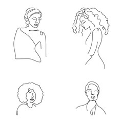 Tattoo contour set of African, American avatar figure of girl. Simple vector illustration in one line art.