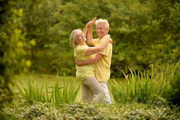 Portrait of happy senior couple dancing and posing in summer park