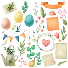 Easter collection, watercolor. Botanical elements, eggs, scrapbook sheets
