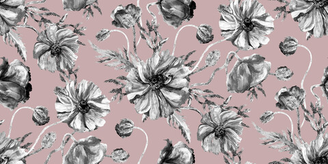 Monochrome seamless pattern with poppy flowers painted in watercolor for vintage style wallpaper and surface design