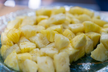 Close up sliced pineapple ready to serve at outdoor environment