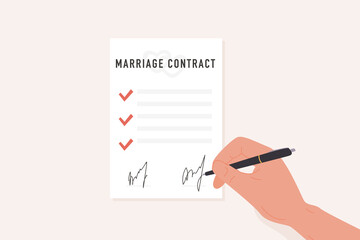 A person hand with pen signing marriage contract flat style illustration. Prenup signed certificate. Prenuptial agreement form with check marks and signatures. Divorce document. Vector illustration.