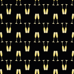Champagne flutes vector seamless pattern background. Black gold backdrop with prosecco glasses in horizontal rows. Sparkling wine drinks design. Repeat for party celebration, occasion, wedding