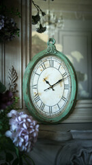 elegant handmade vintage clock on mantelpiece near mirror