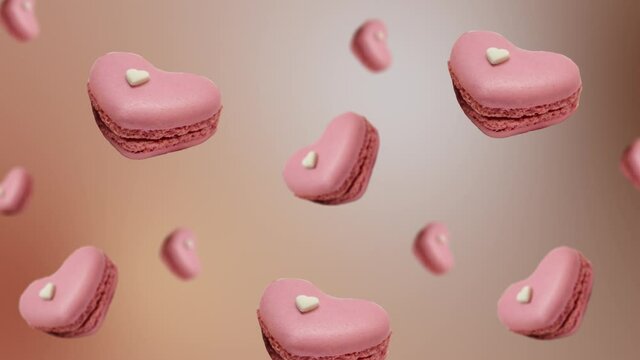 Sweet macaroons in pink heart shape flying and wiggle on the natural beige background.  French cookie is a sweet meringue-based confection. Valentines day, Date, Wedding, Love gift.Pastry shop card