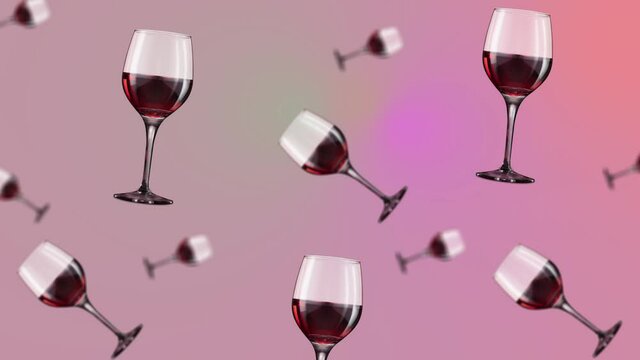 Red wine in an elegant glass with clipping path flying and wiggle on trending pink multi colored animation background, Love template for Date, Wedding, 8 March, Womens. 4k - Valentine's Day girls gift