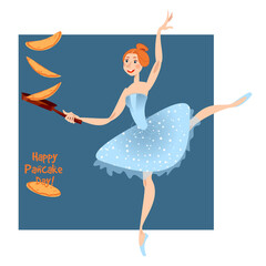 Young ballerina flips pancakes in a frying pan. Happy Pancake Day!