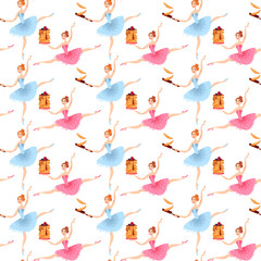 Young ballerinas with pancakes.  Happy Pancake Day! Seamless background pattern.