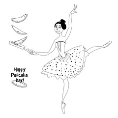 Young ballerina flips pancakes in a frying pan. Happy Pancake Day! Сoloring page!
