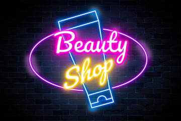 Beauty shop neon banner, light signboard.