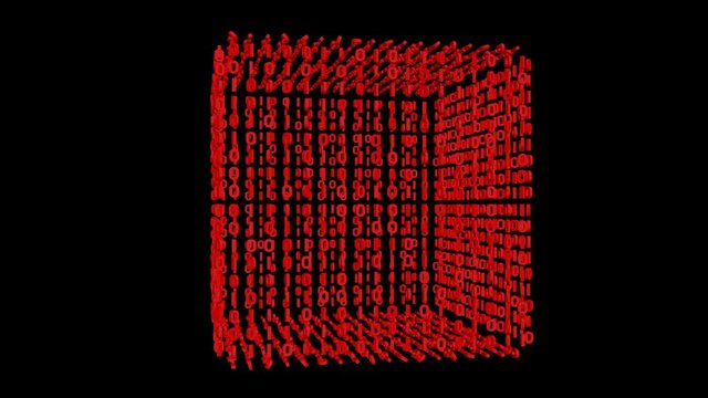 Magical Digital Cube 3D animation. VJ loops. Transparent background. Rotating numbers on the 3D cube.