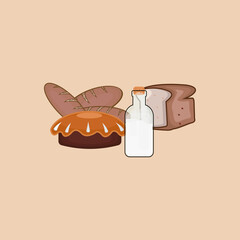illustration of bread and milk food for breakfast