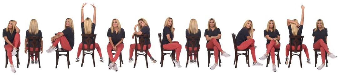 line of same woman sitting on chair on white background