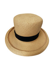 Fototapeta na wymiar Isolated raffia top hat. Close up of classic Panama straw hat in natural color. Women's fashion accessories and headgear.