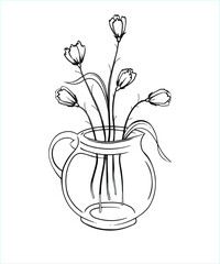 Vector contour bouquet of flowers. Isolated drawing on a transparent background. Banner, the concept of holidays. Black and white composition. Included in the set of illustrations 