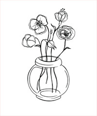 Vector contour bouquet of flowers. Isolated drawing on a transparent background. Banner, the concept of holidays. Black and white composition. Included in the set of illustrations 