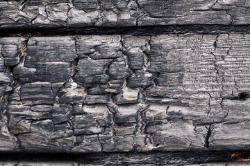 Details of a charred wooden board close-up. The texture of the charred board.