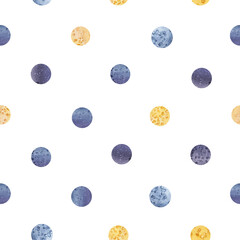 Watercolor seamless pattern gold and blue splush abstract background. Hand drawing polka dot print. Summer wallpaper, postcards, packaging, fabric, design, textile, wrapping paper.