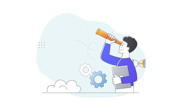 Startup launch video concept. Young moving male entrepreneur with telescope looks at rocket taking off and predicts development of company. Business achievements. Graphic animated cartoon for web