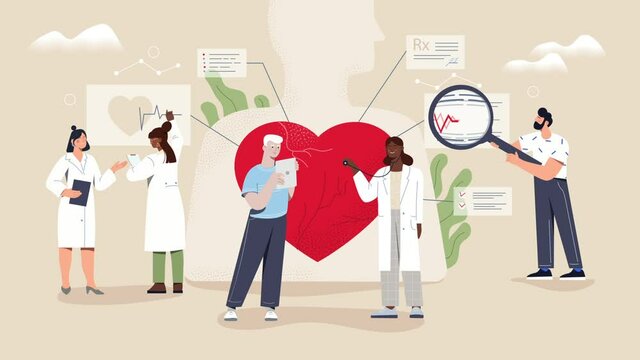 Cardiologist examination video concept. Clip with moving doctors and patients performing heart diagnostics. Therapists make diagnosis and prescribe treatment. Graphic animated cartoon for websites
