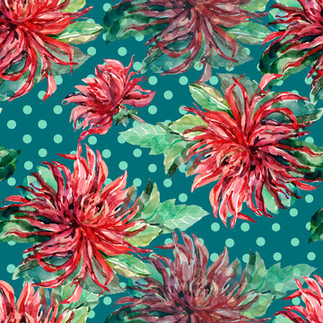 Watercolor Red Dahlia On Green Speckled Background.   Cheeful Seamless Pattern.